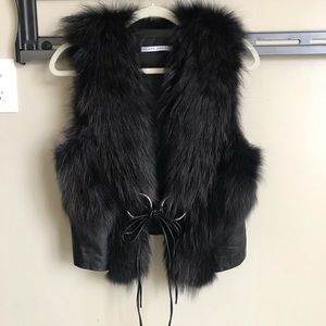 💜💜Black leather and natural fur waistcoat 💜💜💜